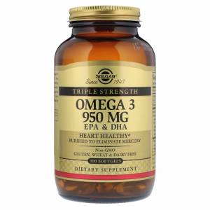 Рыбий Жир, Омега 3 (Omega-3 EPA, DHA), 950 мг, Тройная Сила, Solgar, 100 желатиновых капсул / SOL02058