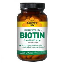 Концентрированный Биотин (В7), 5 мг, High Potency Biotin, Country Life, 120 желатиновых капсул 