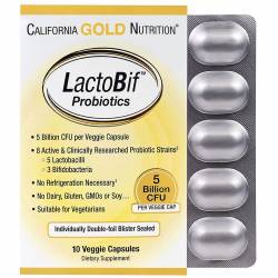Пробиотики LactoBif, Probiotics, California Gold Nutrition, 5 млрд КОЕ, 10 овощных капсул / CGN00964