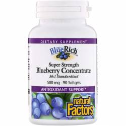 Концентрат Черники, 500 мг, Natural Factors, BlueRich, Super Strength,  90 капсул / NFS04516