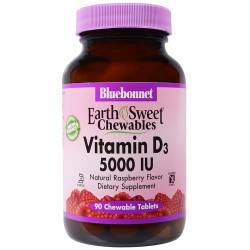Витамин D3 5000IU, Вкус Малины, Earth Sweet Chewables, Bluebonnet Nutrition, 90 жев. таб. / BLB0366