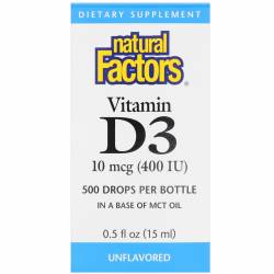 Витамин D3 в Каплях, Без Ароматизаторов, Vitamin D3 Drops, Natural Factors, 400 МЕ, 15 мл / NFS01058