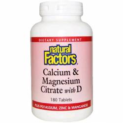 Цитрат Кальция Магния, Витамин D, Calcium & Magnesium Citrate, With D, Natural Factors, 180 Таблеток / NFS01608