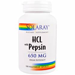 Бетаин HCL и Песин, HCL with Pepsin, Solaray, 650 мг, 100 вегетарианских капсул / SOR04814