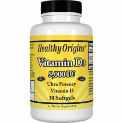 Витамин D3, Vitamin D3, 5000 IU, Healthy Origins, 30 капсул