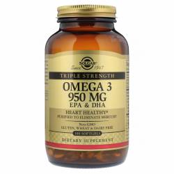 Рыбий Жир, Омега 3 (Omega-3 EPA, DHA), 950 мг, Тройная Сила, Solgar, 100 желатиновых капсул / SOL02058