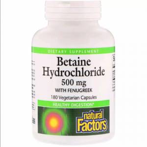 Бетаин Гидрохлорид и Пажитник, Betaine Hydrochloride + Fenugreek, Natural Factors, 500мг, 180 капсул / NFS01721