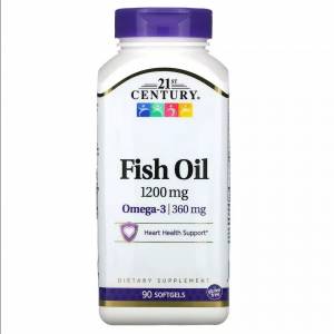 Рыбий жир, 1200 мг, Омега-3, 360 мг, Fish Oil Omega 3, 21st Century, 90 желатиновых капсул / CEN27026