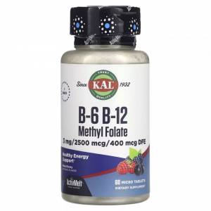 Витамины B6+B12 и метилфолат, вкус ягод, B6 B12 Methyl Folate, KAL, 60 микротаблеток / CAL29151