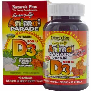 Витамин D3 для Детей, Вкус Черной Вишни, Animal Parade, Natures Plus, 90 жевательных таблеток