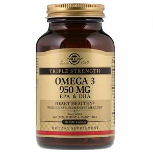 Омега-3, ЭПК и ДГК, Triple Strength, 950 мг, Solgar, 50 желатиновых капсул 