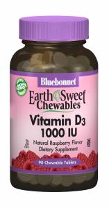 Витамин D3 1000IU, Вкус Малины, Earth Sweet Chewables, Bluebonnet Nutrition, 90 жевательных таблеток / BLB0362
