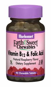 Витамин В12 и Фолиевая кислота, Малина, Earth Sweet Chewables, Bluebonnet Nutrition, 90 жев. таб. / BLB0434