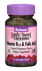 Витамин В12 и Фолиевая кислота, Малина, Earth Sweet Chewables, Bluebonnet Nutrition, 180 жев. таб.