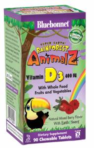 Витамин D3 400IU для Детей, Ягоды, Rainforest Animalz, Bluebonnet Nutrition, 90 жевательных конфет / BLB0194