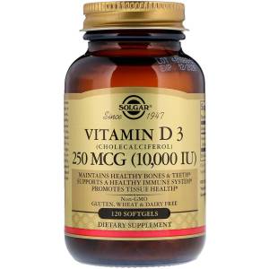 Витамин D3, Vitamin D3 (Cholecalciferol), Solgar, 250 мкг, 10,000 МЕ, 120 гелевых капсул / SOL35872