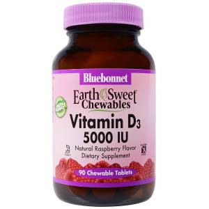 Витамин D3 5000IU, Вкус Малины, Earth Sweet Chewables, Bluebonnet Nutrition, 90 жев. таб.