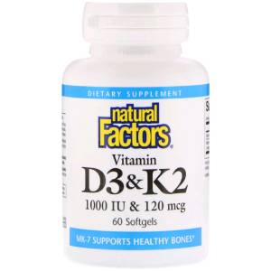 Витамин D3 и К2, Vitamin D3 & K2, Natural Factors, 60 Гелевых Капсул / NFS01292