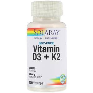 Витамин D3+K2, Soy-Free Vitamin D3 + K2, Solaray, 120 вегетарианских капсул