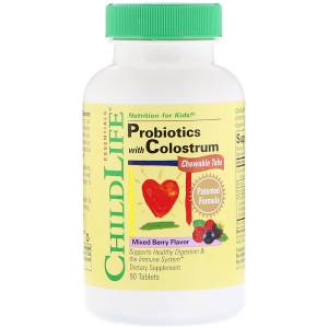 Пробиотики для Детей с Молозивом, Вкус ягод, ChildLife, Probiotics with Colostrum, 90 жев. табл. / CDL11100