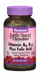 Витамин В6, B12+Фолиевая кислота, Малина, Earth Sweet Chewables, Bluebonnet Nutrition, 60 жев. таб. / BLB0445