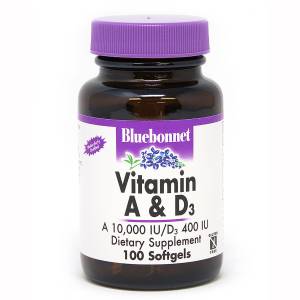 Витамин А и D3 10 000 IU/400 IU, Bluebonnet Nutrition, 100 желатиновых капсул / BLB0300