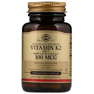 Натуральный Витамин К2, Solgar, Naturally Sourced Vitamin K2, 100 мкг, 50 вегетарианских капсул